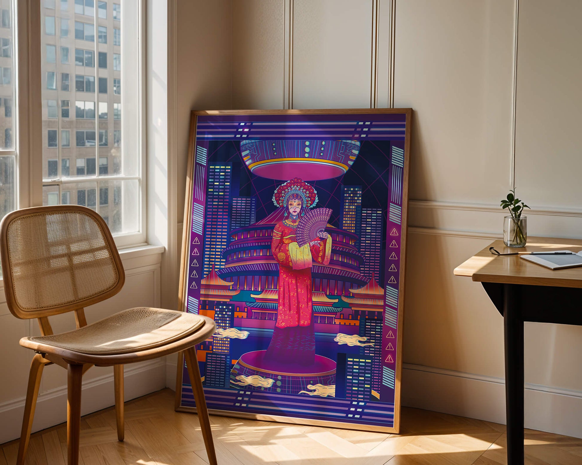 Futuristic Asian Inspired Artwork with Neon Colors and Geisha in Traditional Attire