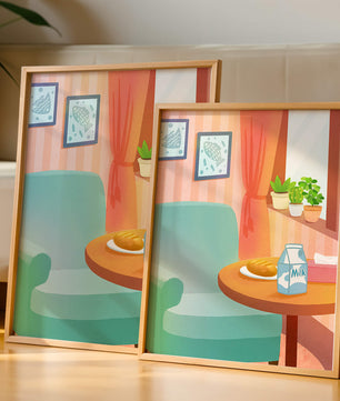 Sala de estar acogedora con mesa y cartón de leche