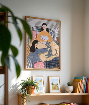 Escena interior acogedora con mujeres, gatos y elementos decorativos