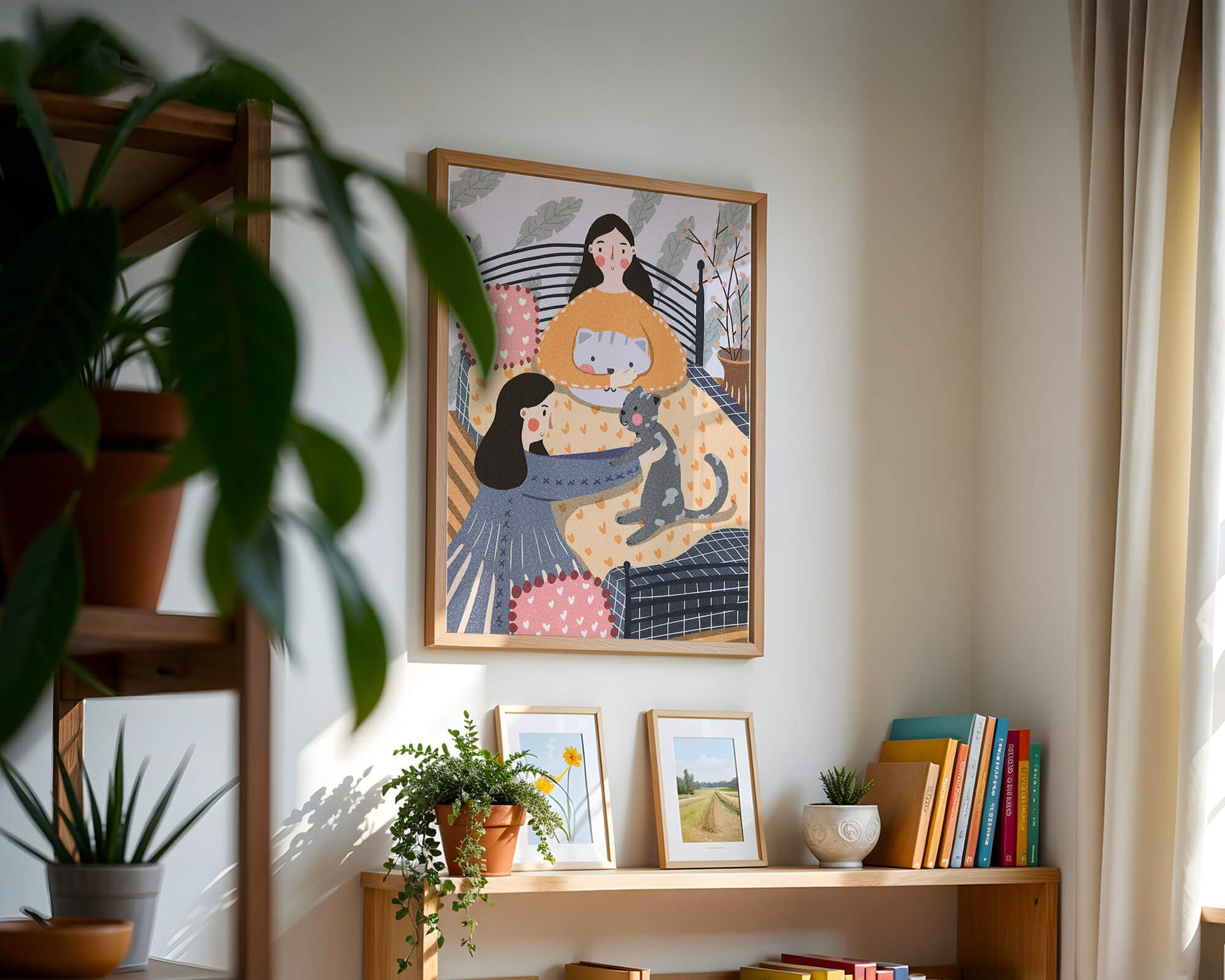 Escena interior acogedora con mujeres, gatos y elementos decorativos