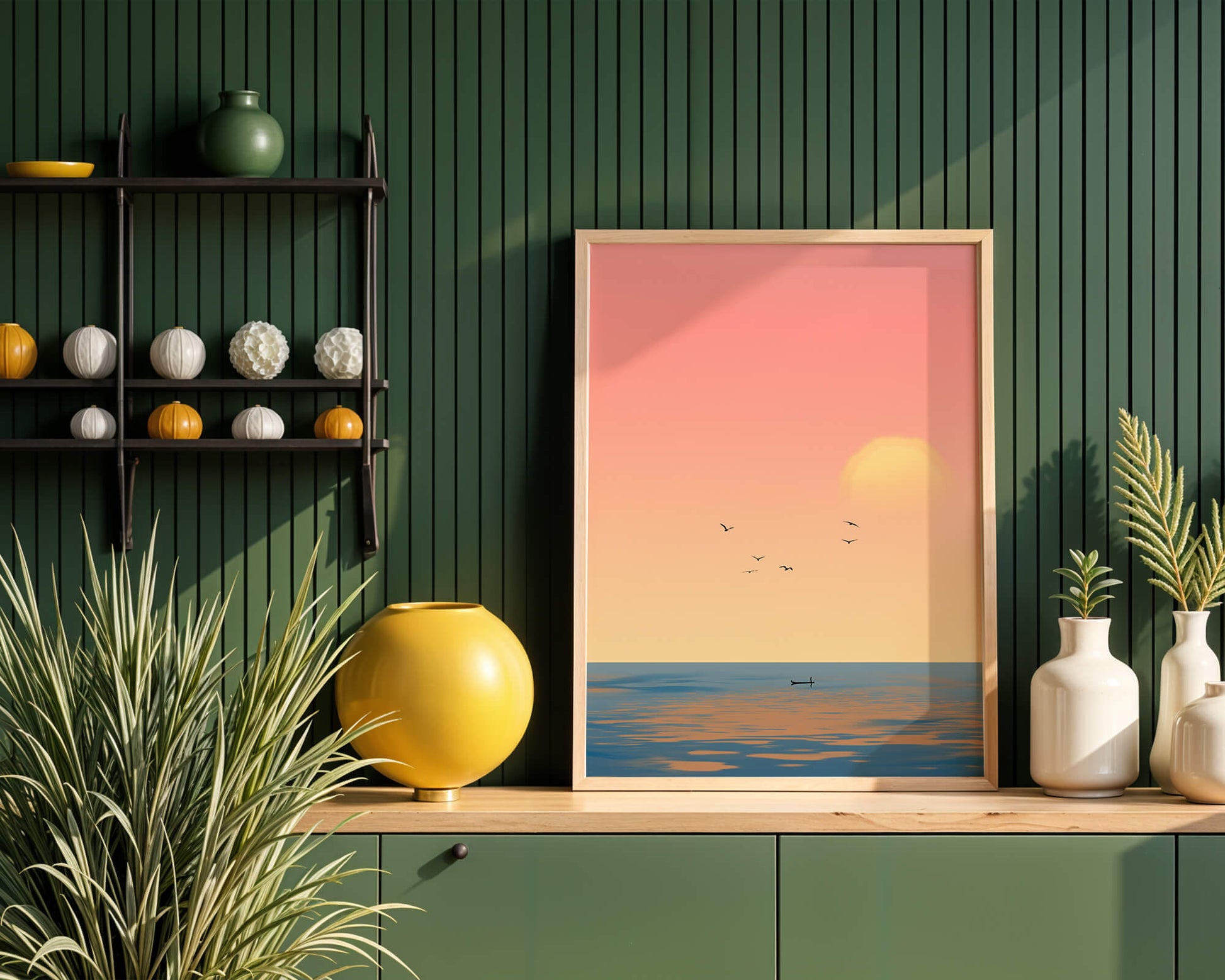 Tranquille coucher de soleil sur l'océan calme avec des oiseaux dans le ciel