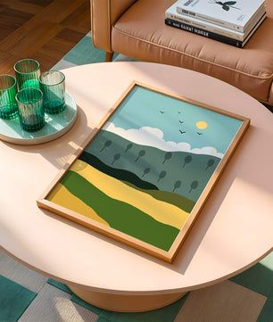 Minimalist Landscape with Hills and Sun