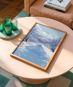 Serene winter landscape with mountain and snowy trees reflecting in water