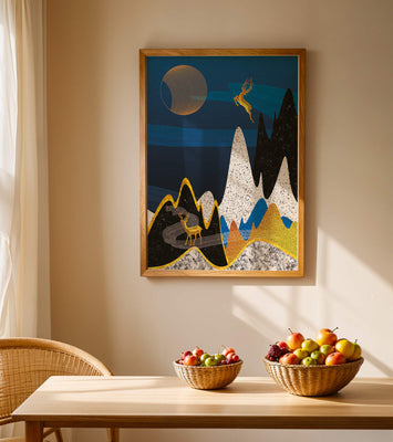 Abstract Landscape with Golden Deer and Surreal Moon