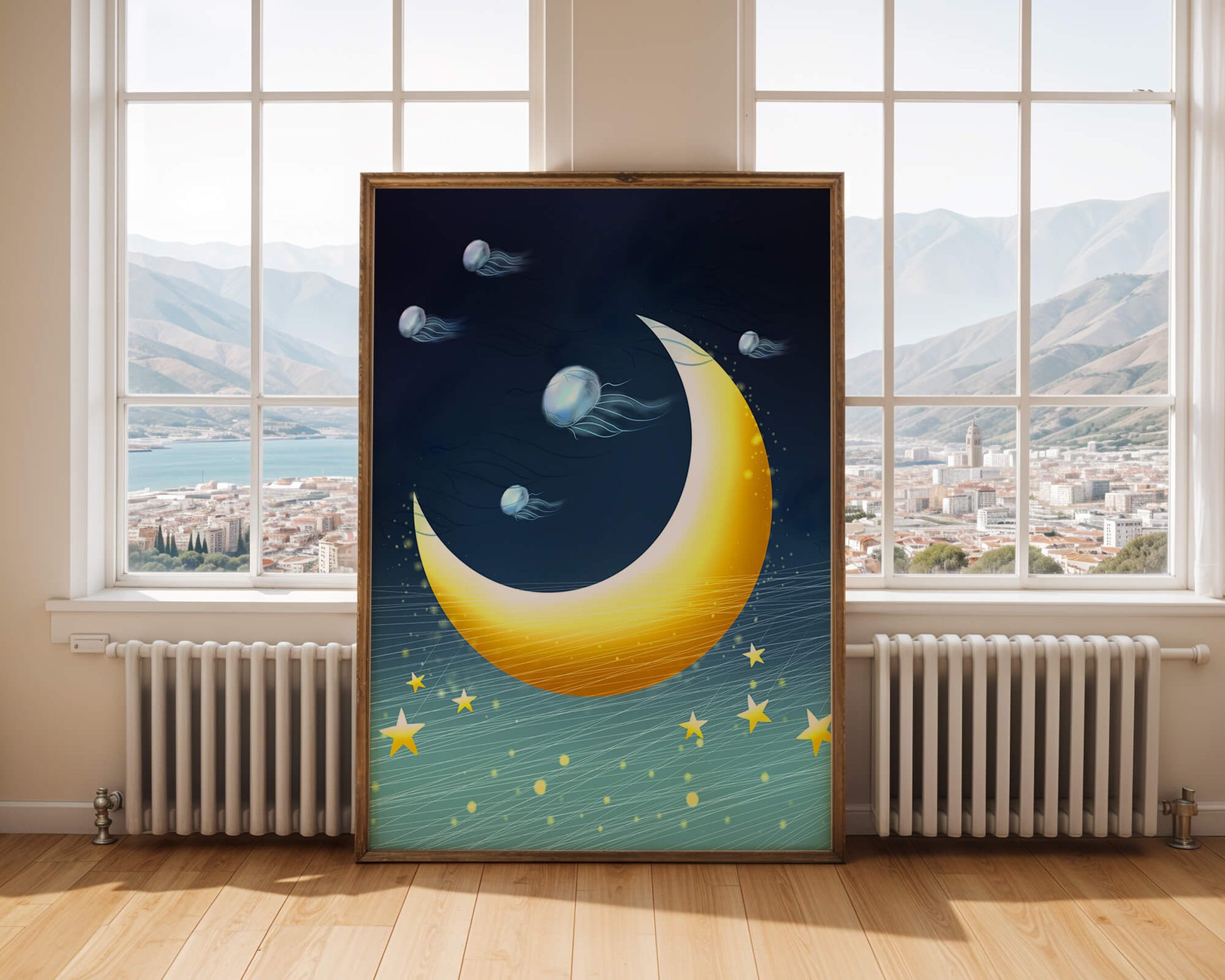 Night sky with golden crescent moon and jellyfish drifting