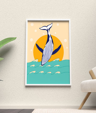 Ilustración de una ballena saltando sobre las olas con un fondo de sol