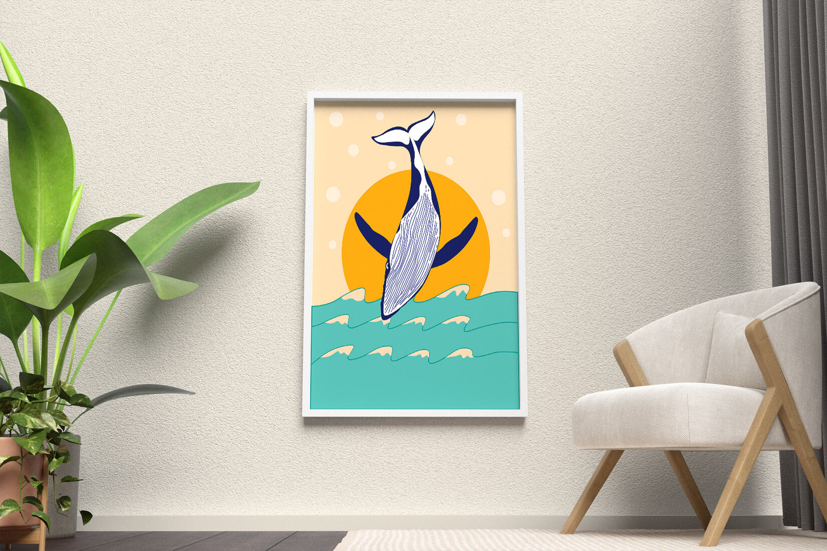 Illustration of a whale jumping over waves with sun backdrop