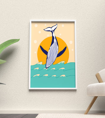 Illustration of a whale jumping over waves with sun backdrop