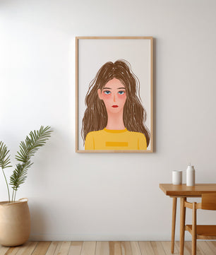 Illustrated portrait of a woman with long brown hair and expressive eyes