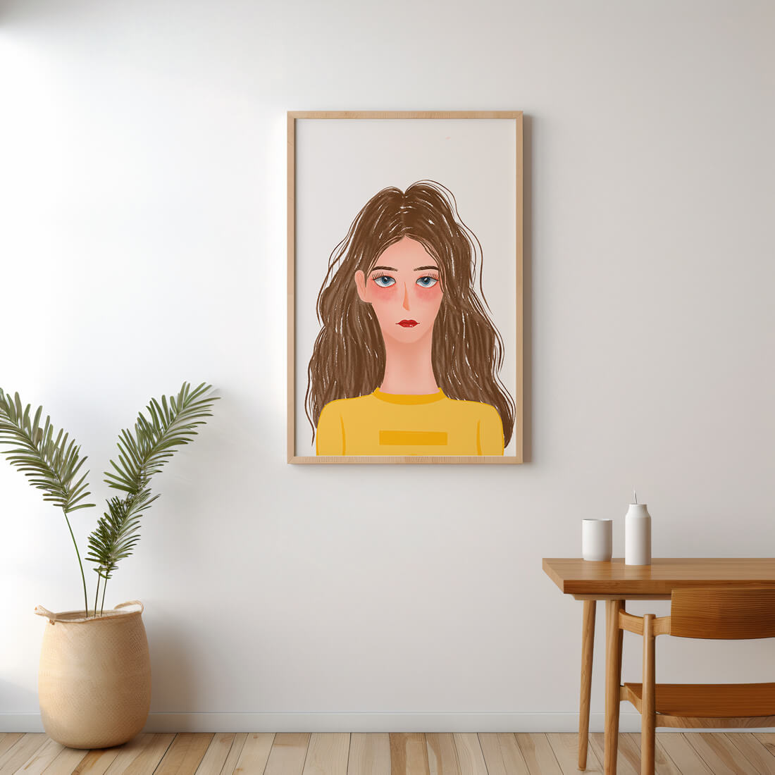 Illustrated portrait of a woman with long brown hair and expressive eyes