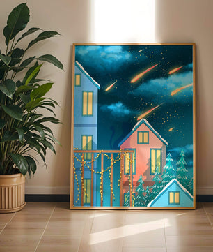 Winter Night Scene with Falling Meteors and Snow-Covered Houses