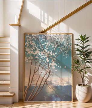 Paisaje sereno con árbol en flor sobre la reflexión del agua tranquila