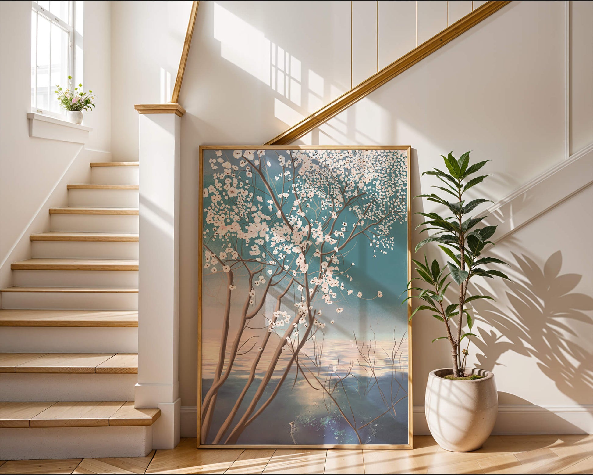 Serene landscape with blossoming tree over calm water reflection