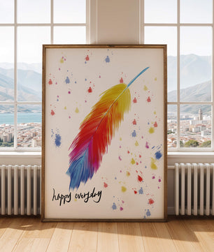 Colorful feather with inspirational message on abstract paint splatter background