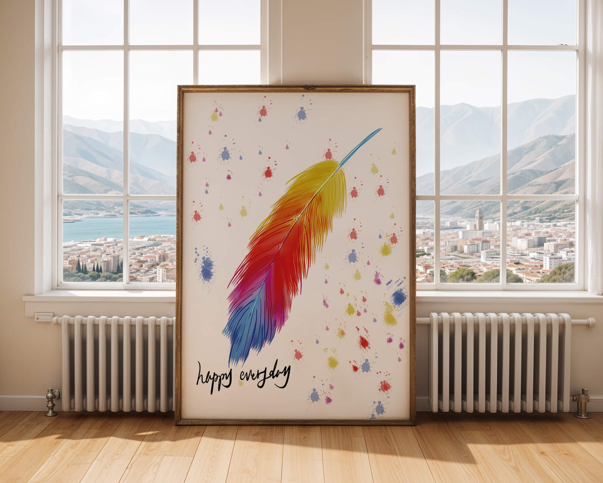 Colorful feather with inspirational message on abstract paint splatter background