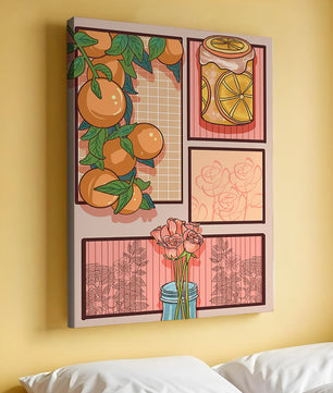 Composición artística con naranjas, frasco de rodajas de limón y rosas sobre fondo geométrico