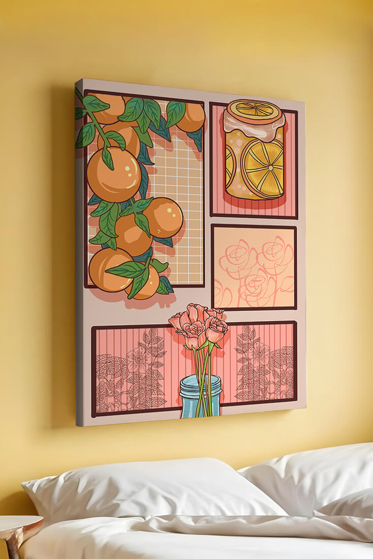 Composición artística con naranjas, frasco de rodajas de limón y rosas sobre fondo geométrico