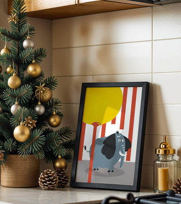 Illustration of a playful elephant with a yellow balloon in abstract setting