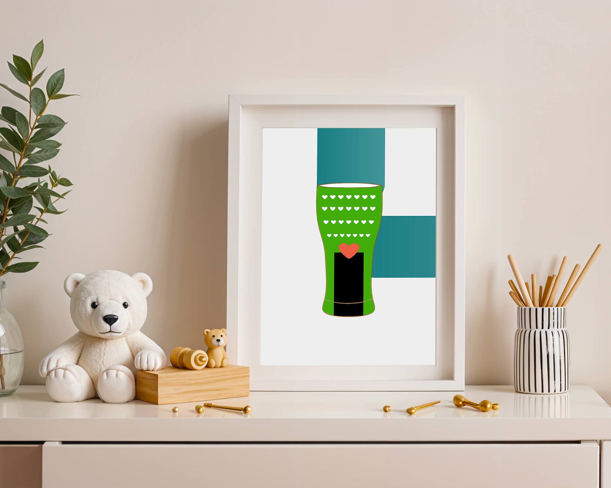 Green vase with heart pattern and minimalistic design