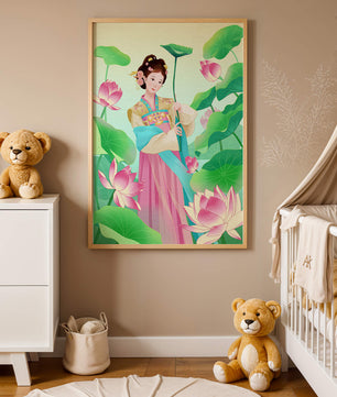 Traditional Asian woman in a garden surrounded by lotus flowers and green leaves