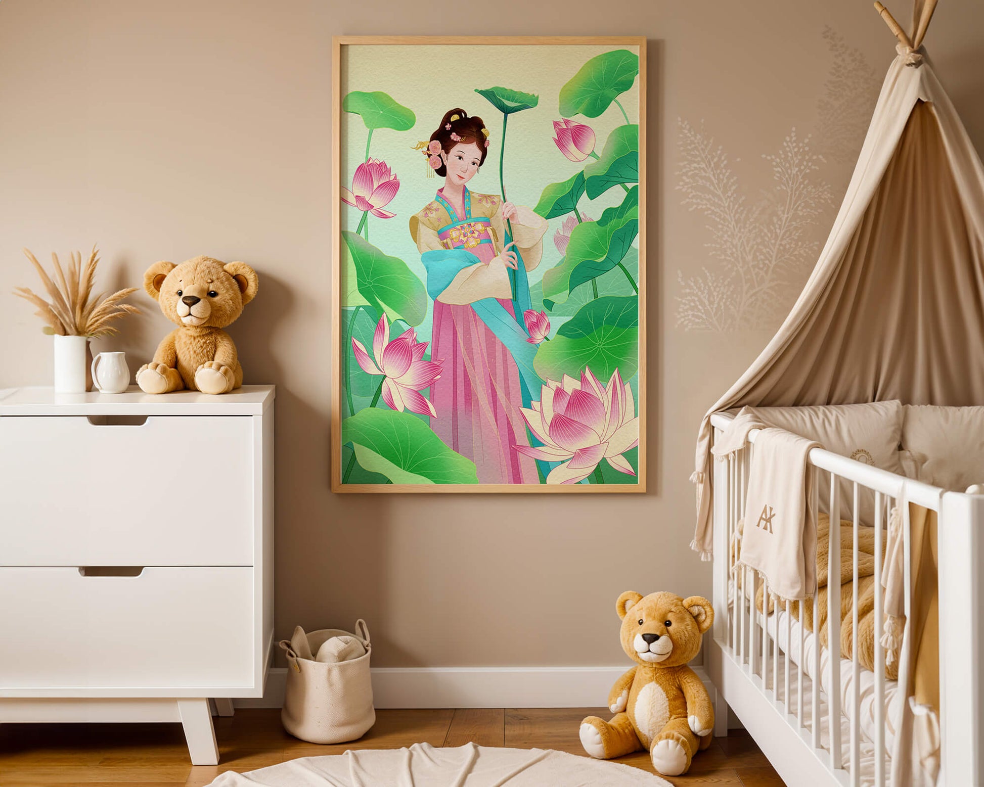 Traditional Asian woman in a garden surrounded by lotus flowers and green leaves