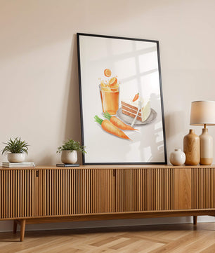 Illustration von Karottenkuchen und Saft mit frischen Karotten