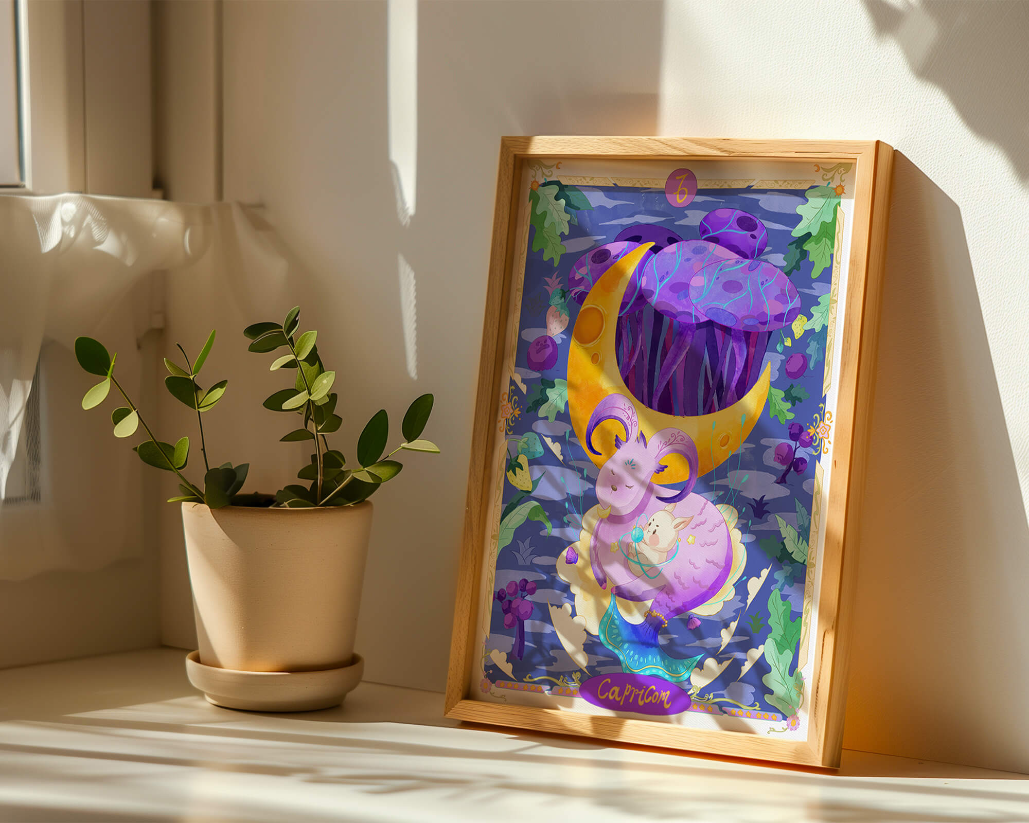 Colorful Capricorn zodiac illustration with fantasy elements