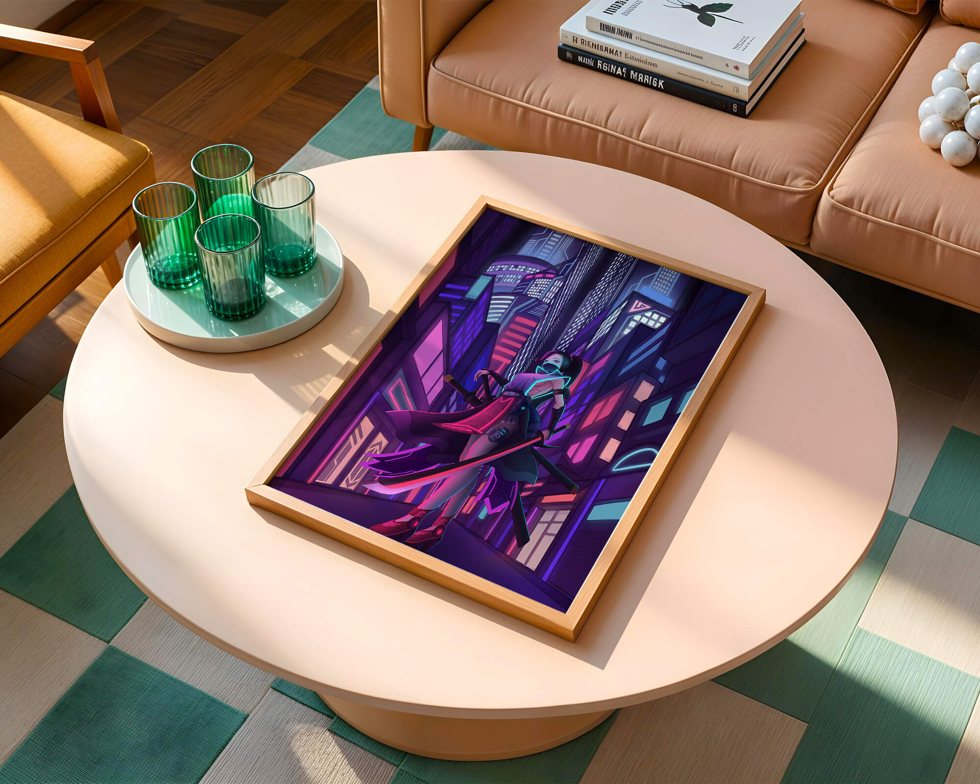 Futuristic cyberpunk cityscape with a female character and neon lights