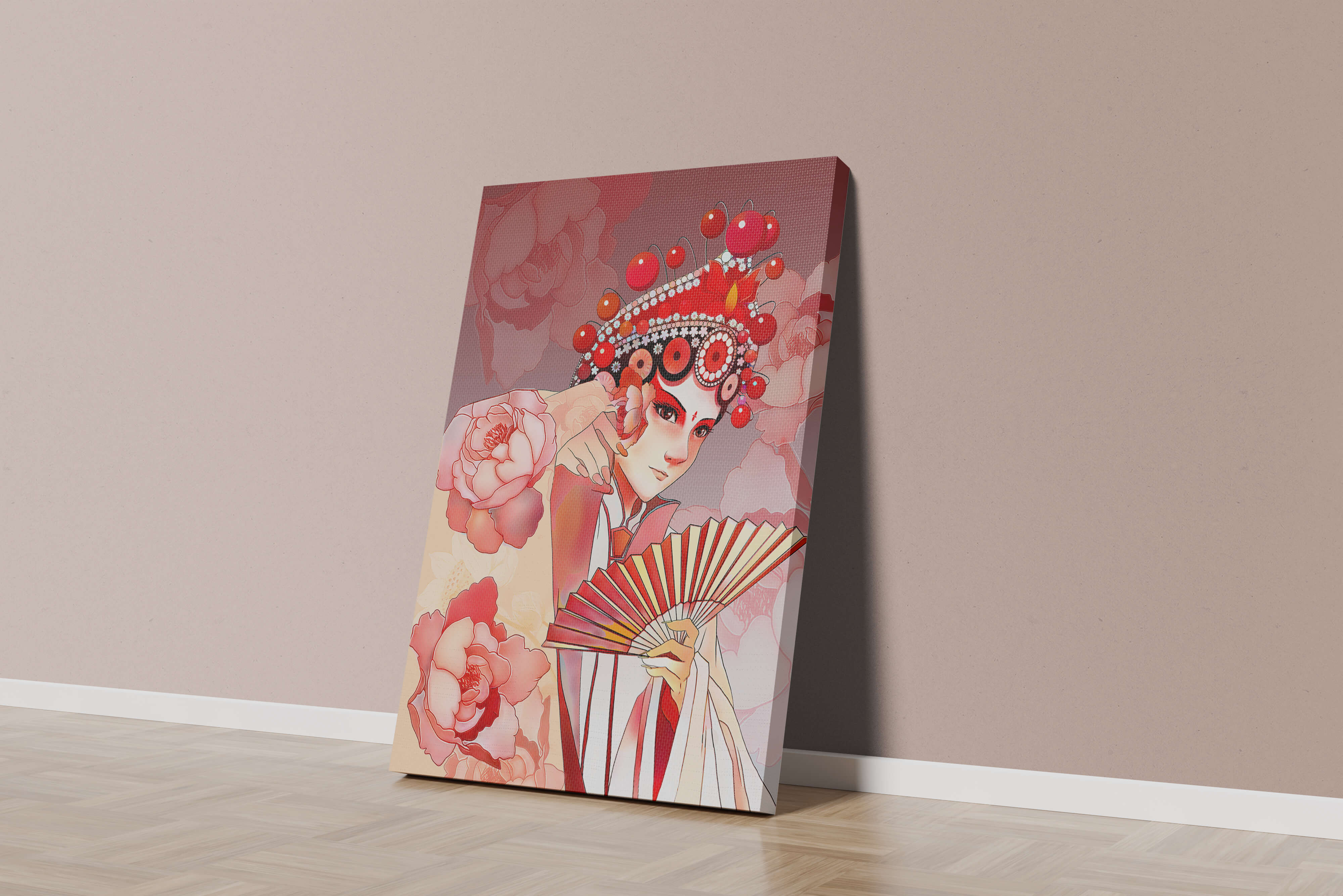 Traditional Asian artwork with floral motifs and ornate headpiece