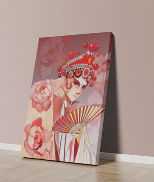 Traditional Asian artwork with floral motifs and ornate headpiece