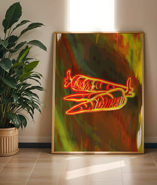 Abstract art featuring neon carrots on a colorful background
