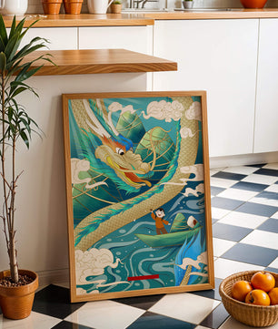 Colorful dragon and child illustration with vibrant waves and clouds