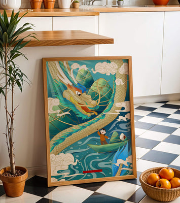 Colorful dragon and child illustration with vibrant waves and clouds