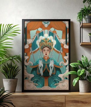Illustration élégante d'une princesse orientale avec une tenue royale et des éléments mythiques