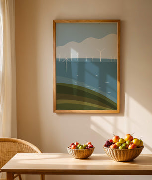 Wind Turbines on Rolling Hills Against a Clear Blue Sky