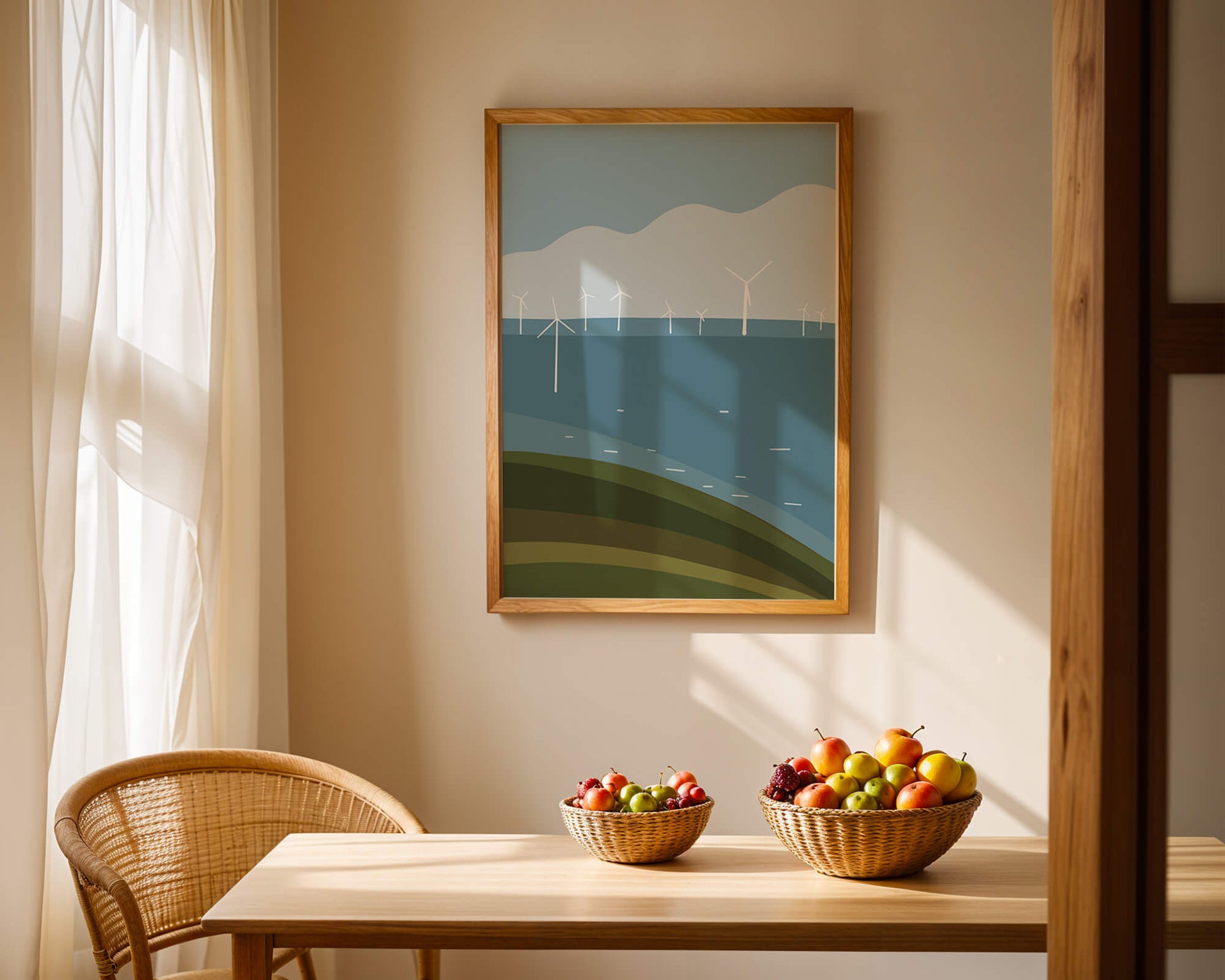 Wind Turbines on Rolling Hills Against a Clear Blue Sky