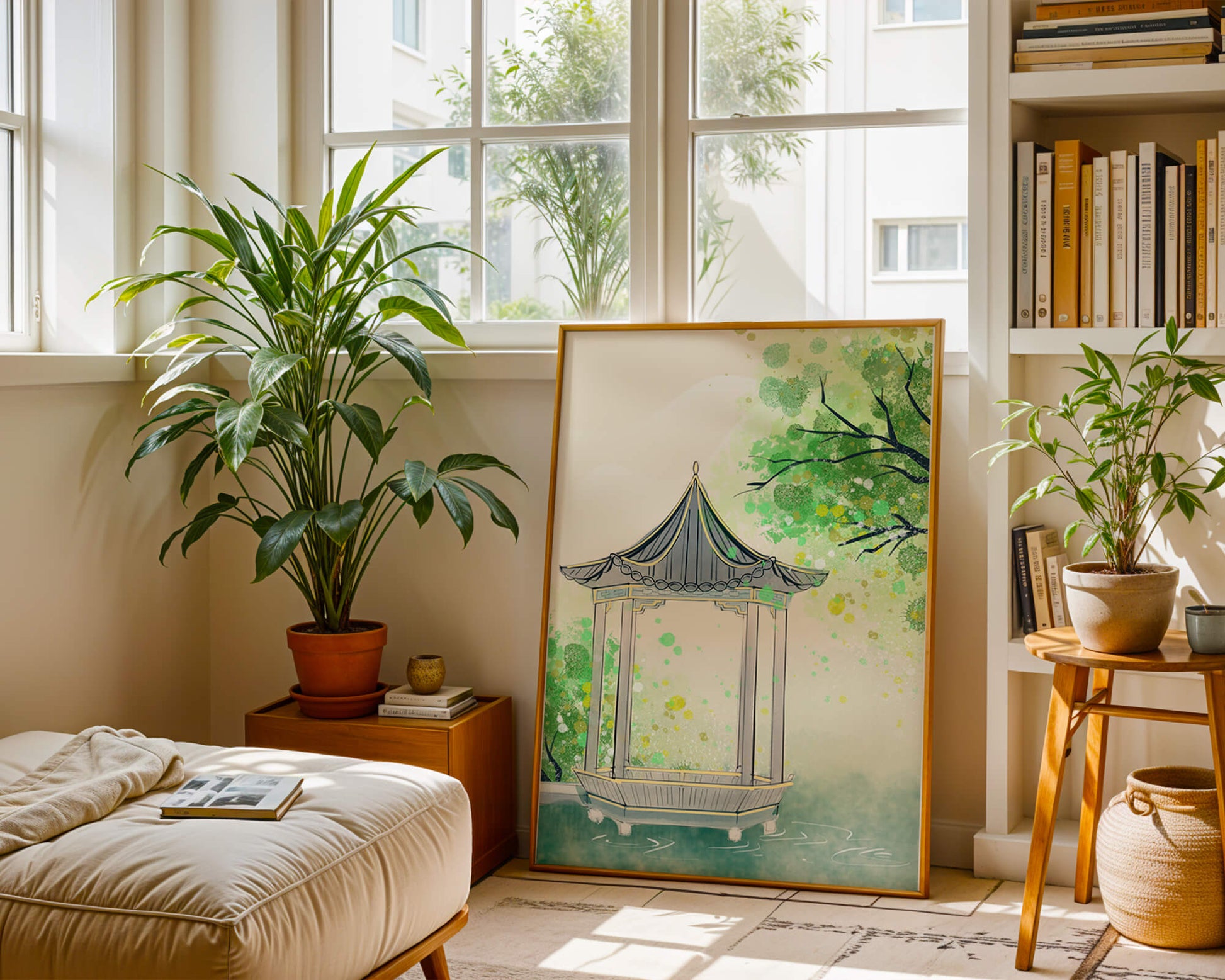 Serene garden gazebo by a tranquil pond with lush greenery