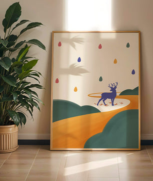 Colorful abstract deer illustration within a serene landscape