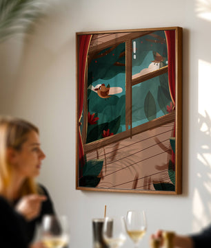 Bird Sitting by an Open Window Overlooking a Lush Garden