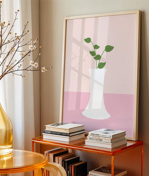 Simple Minimalist Illustration of a White Vase with Green Leaves on a Pink Background - Mi tienda