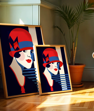 Femme élégante de style art déco avec chapeau cloche rouge et motifs géométriques