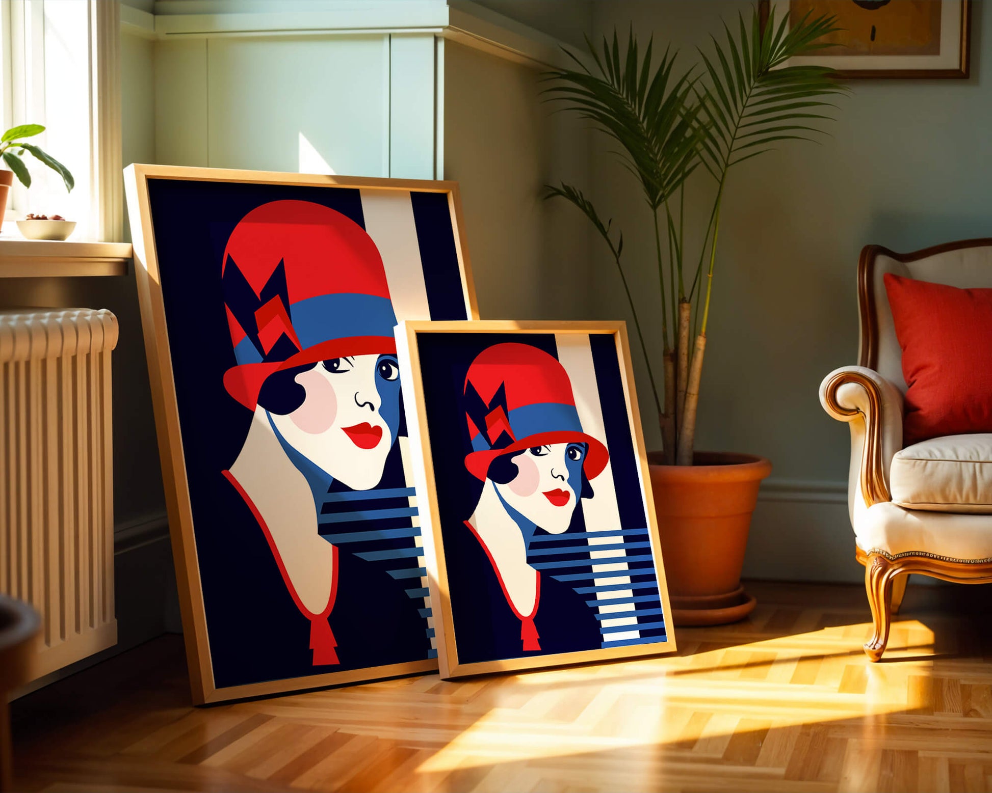 Elegante mujer de estilo art déco con sombrero cloche rojo y patrones geométricos.