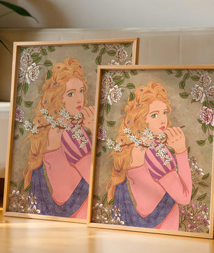 Ilustración floral romántica de una mujer con cabello largo y flores en flor