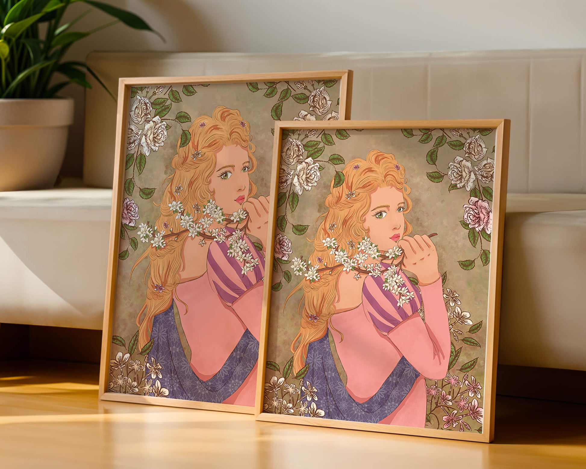 Ilustración floral romántica de una mujer con cabello largo y flores florecientes