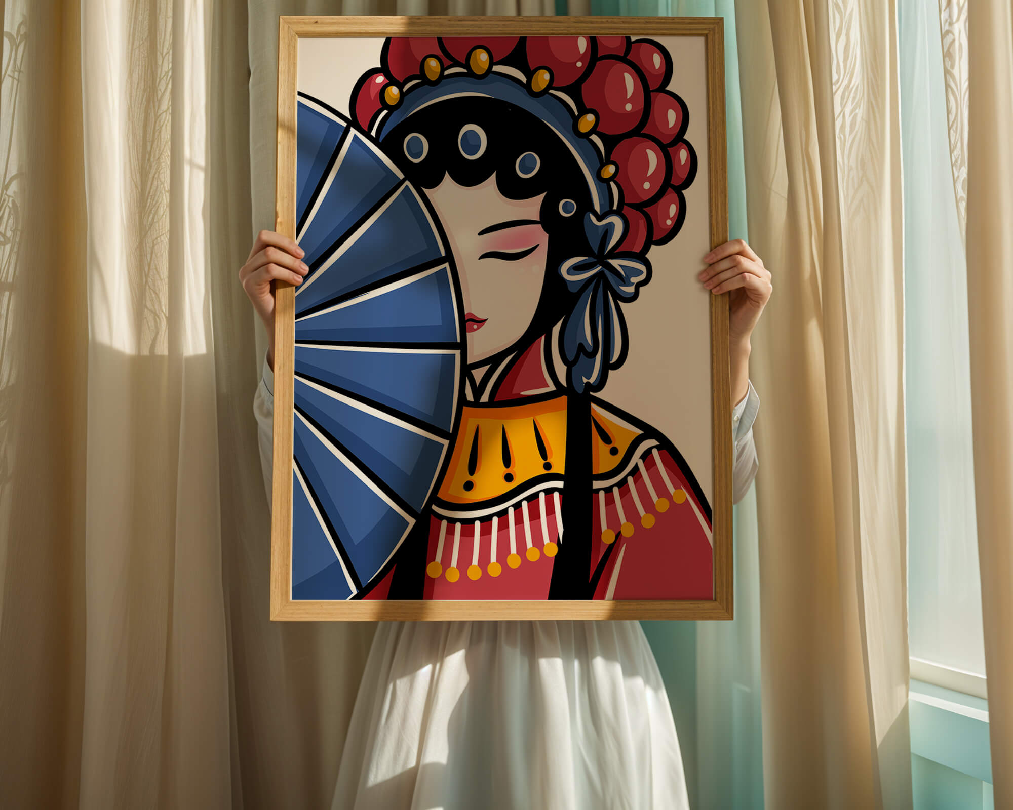 Traditional Asian opera character with fan and decorative headpiece