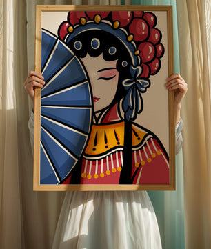 Traditional Asian opera character with fan and decorative headpiece