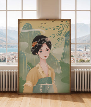 Traditional Asian Art Featuring Woman with Jewel Embellishments
