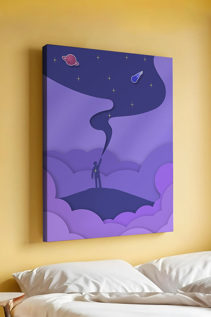 Silhouette in a cosmic landscape with stars and planets
