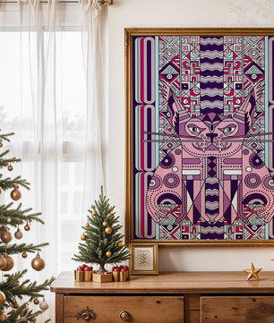 Art de chat géométrique coloré avec motifs abstraits en tons pastel