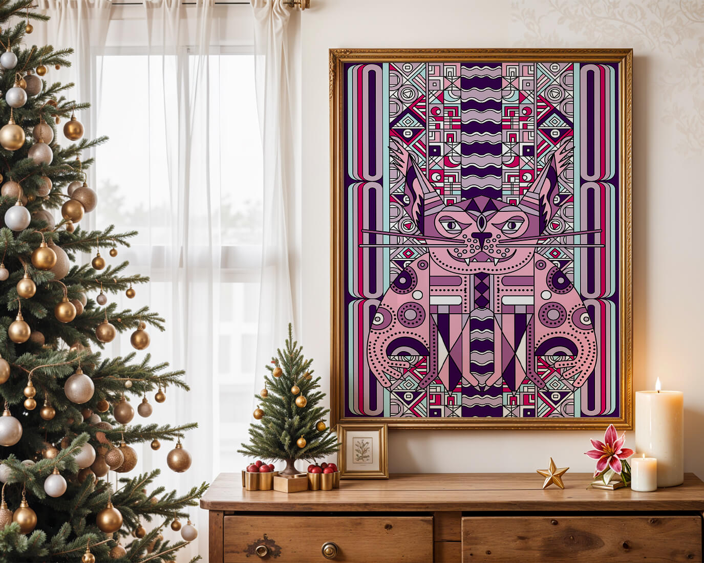 Art de chat géométrique coloré avec motifs abstraits en tons pastel